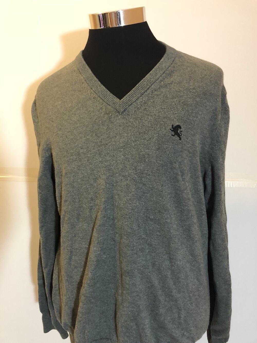 Express Sweater Mens Medium Gray V Neck Pullover Sweatshirt Knit Logo A3
